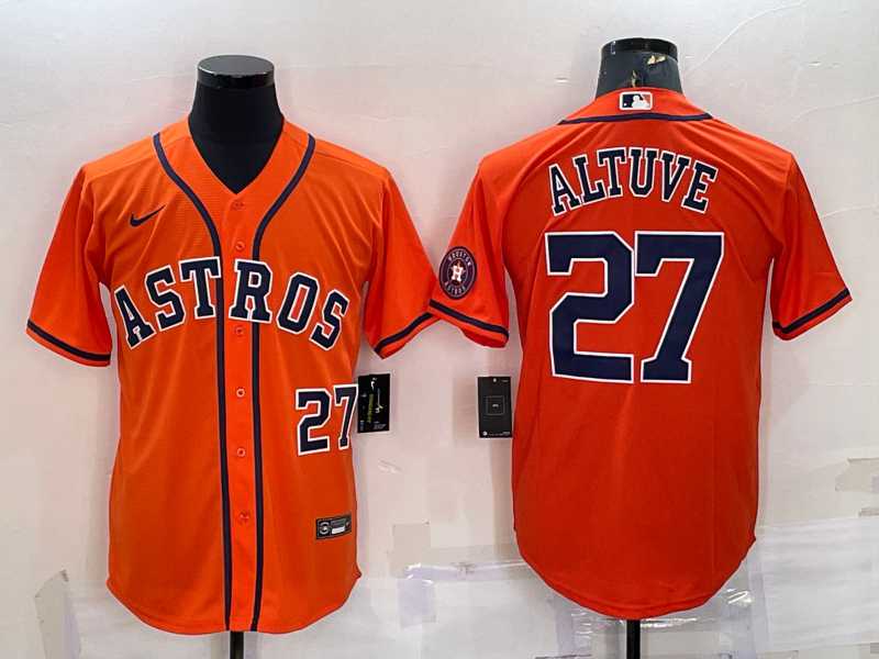 Men%27s Houston Astros #27 Jose Altuve Number Orange With Patch Stitched MLB Cool Base Nike Jersey
